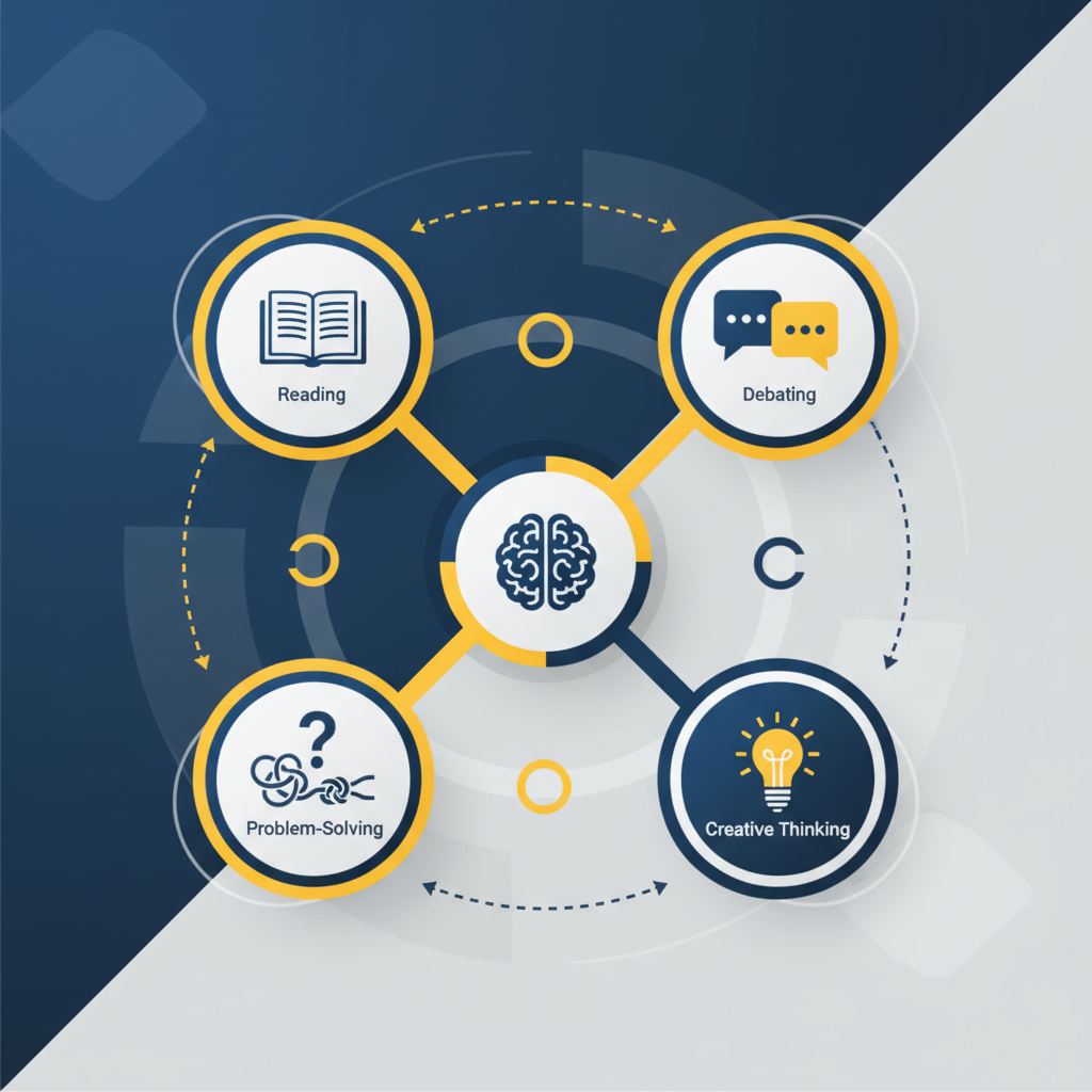 A dynamic infographic showing various activities to enhance critical thinking skills, such as reading, debating, problem-solving, and creative thinking. Style: clean infographic, modern layout, high contrast. No visible text in image. Never use Korean characters.
