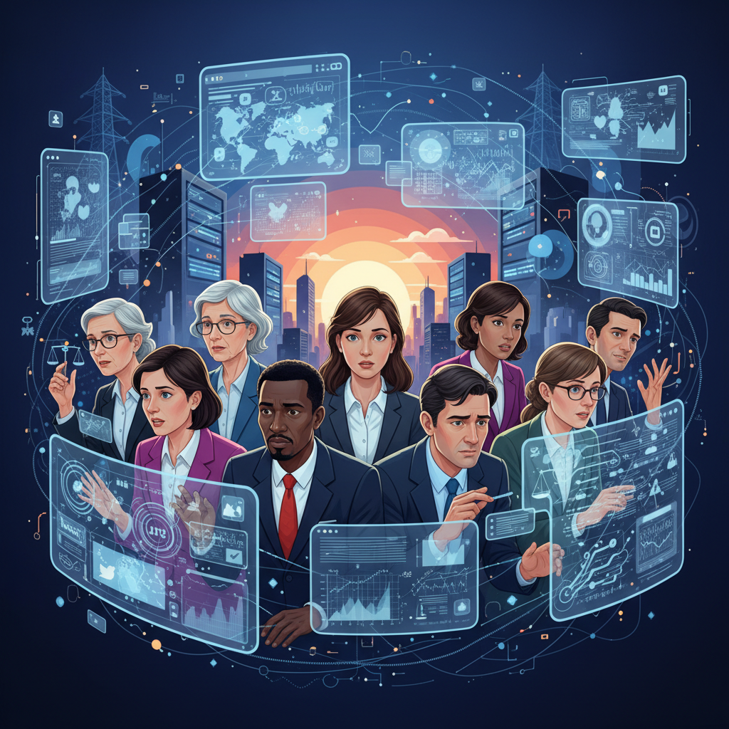 A thought-provoking illustration of diverse individuals looking at complex digital interfaces, representing the societal challenge of regulating big tech, modern layout, rich background, no text