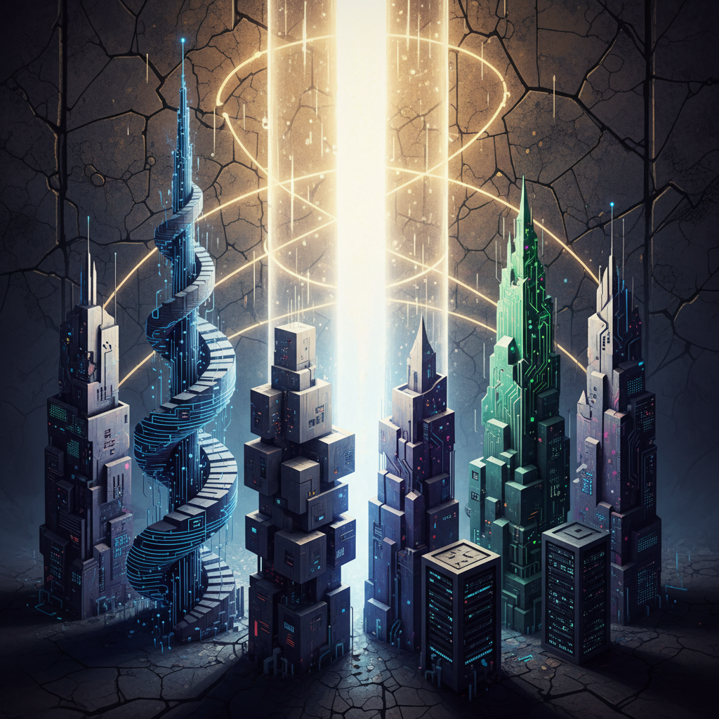 An artistic rendering of several abstract architectural structures representing large tech companies, with a strong, unifying force 필드 or light beam over them, symbolizing regulation, dramatic lighting, textured background, no text