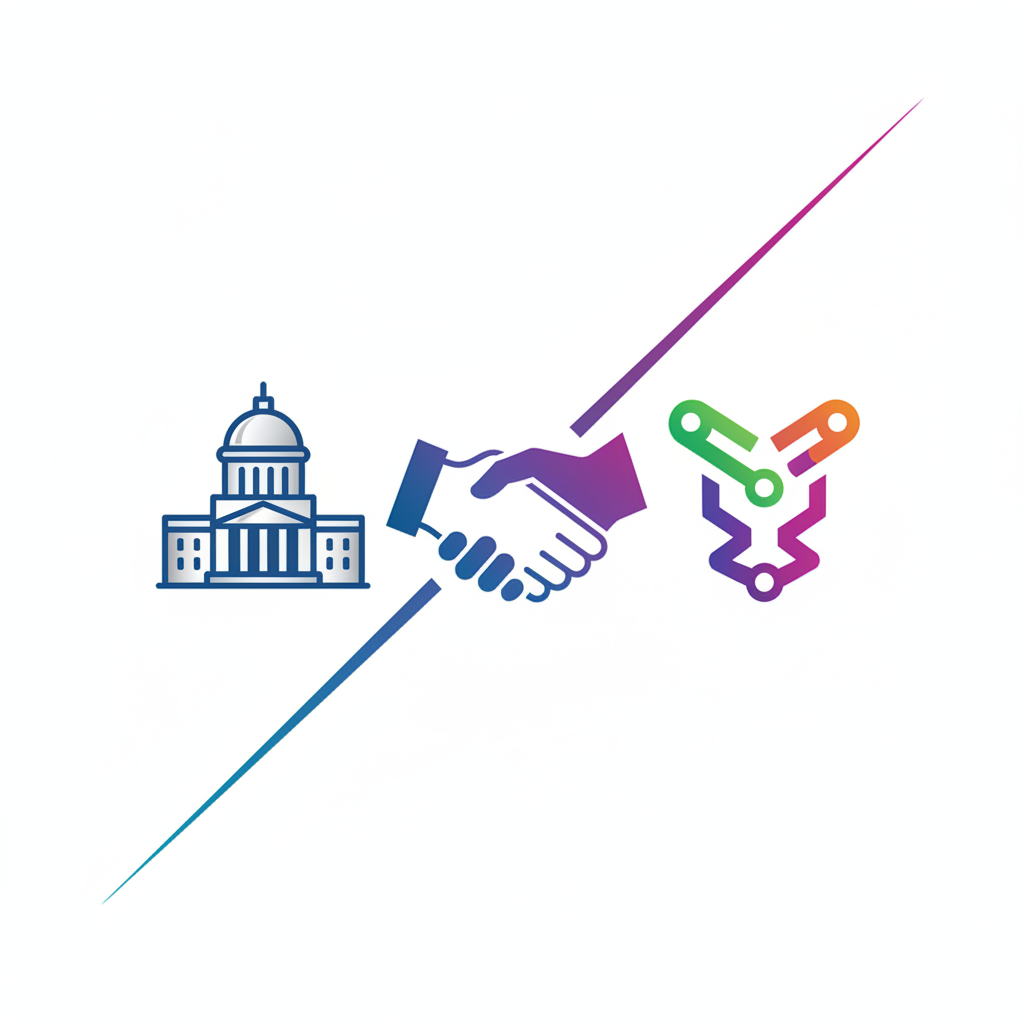 Clean infographic showing a symbolic handshake between a government building and a tech company logo, modern layout, high contrast, colored background, no text, 4:3 aspect ratio