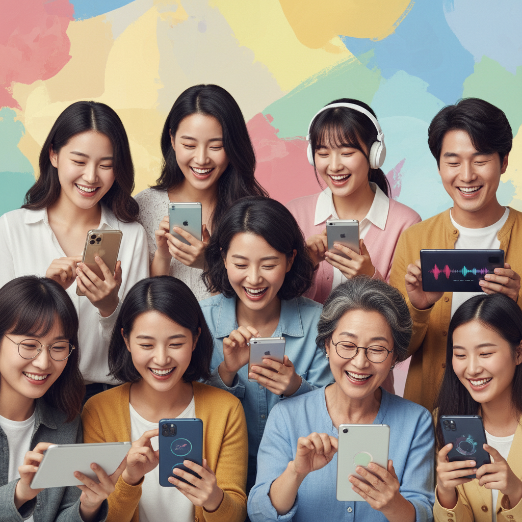 A lively scene with diverse Korean people interacting with AI music creation apps on their phones and tablets, happy expressions, bright and balanced lighting, a colorful, abstract background, no text, 1:1 aspect ratio