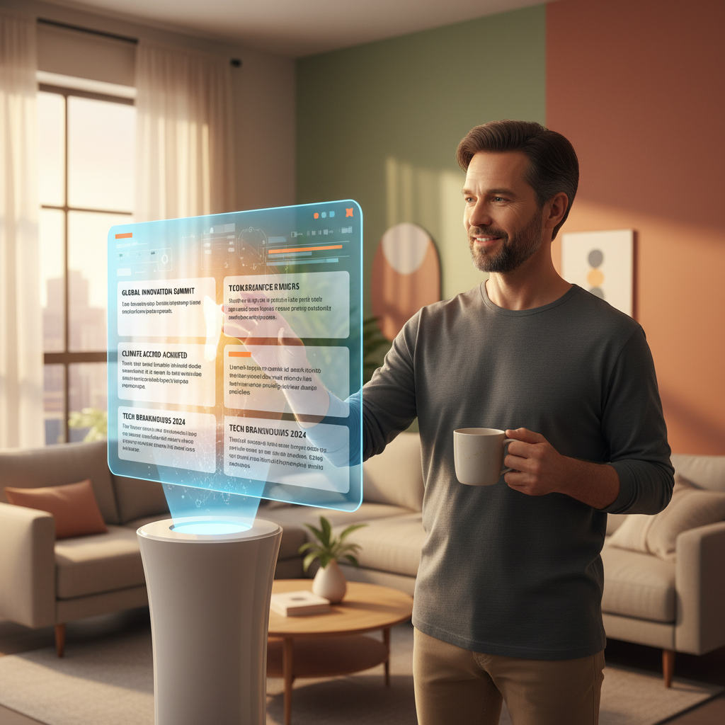 A modern, minimalist scene depicting a person interacting with a holographic AI interface that displays news headlines and summaries. The person is looking engaged and informed. The environment is sleek and futuristic with soft, ambient lighting. The focus is on seamless information access through AI. Style: lifestyle photography, warm lighting, natural setting, colored background, bright lighting.