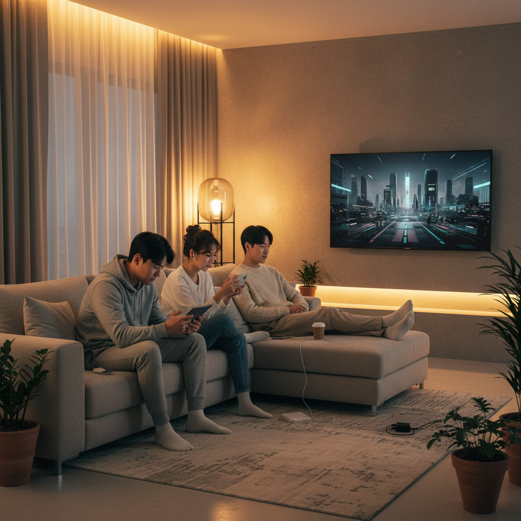 People sitting on a sofa, each engrossed in different content on multiple devices like tablets, smartphones, and a large TV, warm lighting, modern living room background, Korean appearance, no text