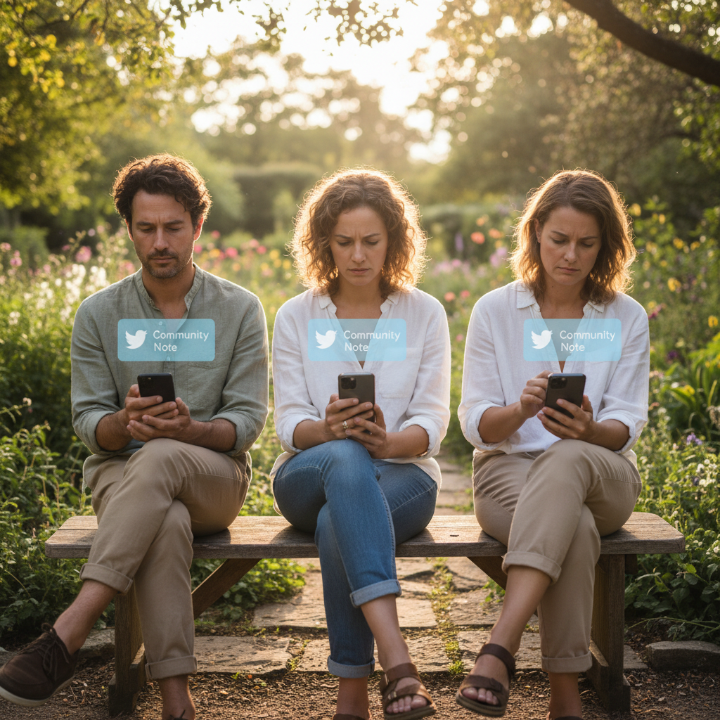 People looking at their smartphones with a slight frown, a community note icon appearing faintly and belatedly on the screen, indicating slow fact-checking, warm lighting, natural setting, lifestyle photography, no text