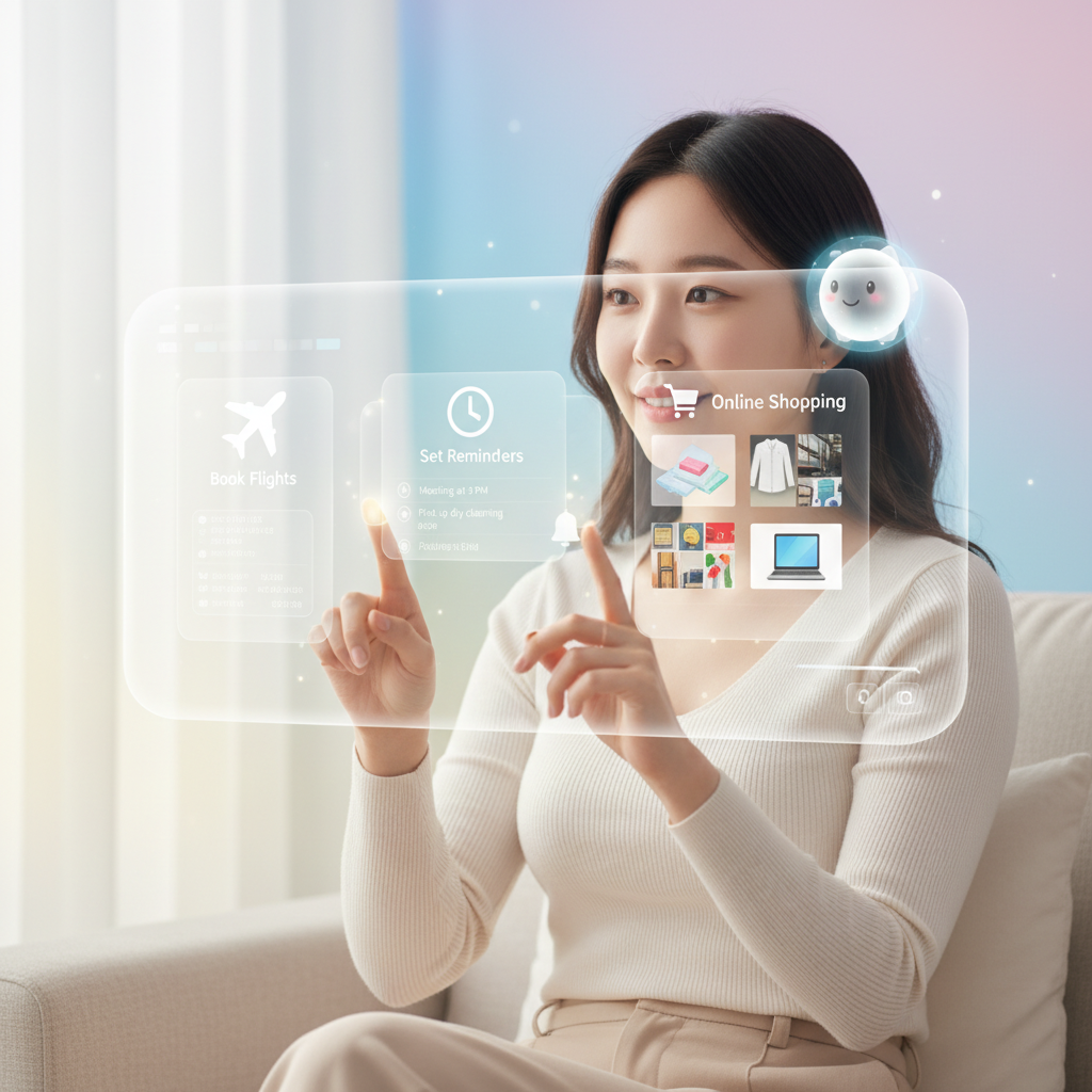 A user effortlessly interacting with an AI agent to manage multiple tasks like booking flights, setting reminders, and shopping, digital interface elements, bright and balanced lighting, colored background, Korean appearance, no text