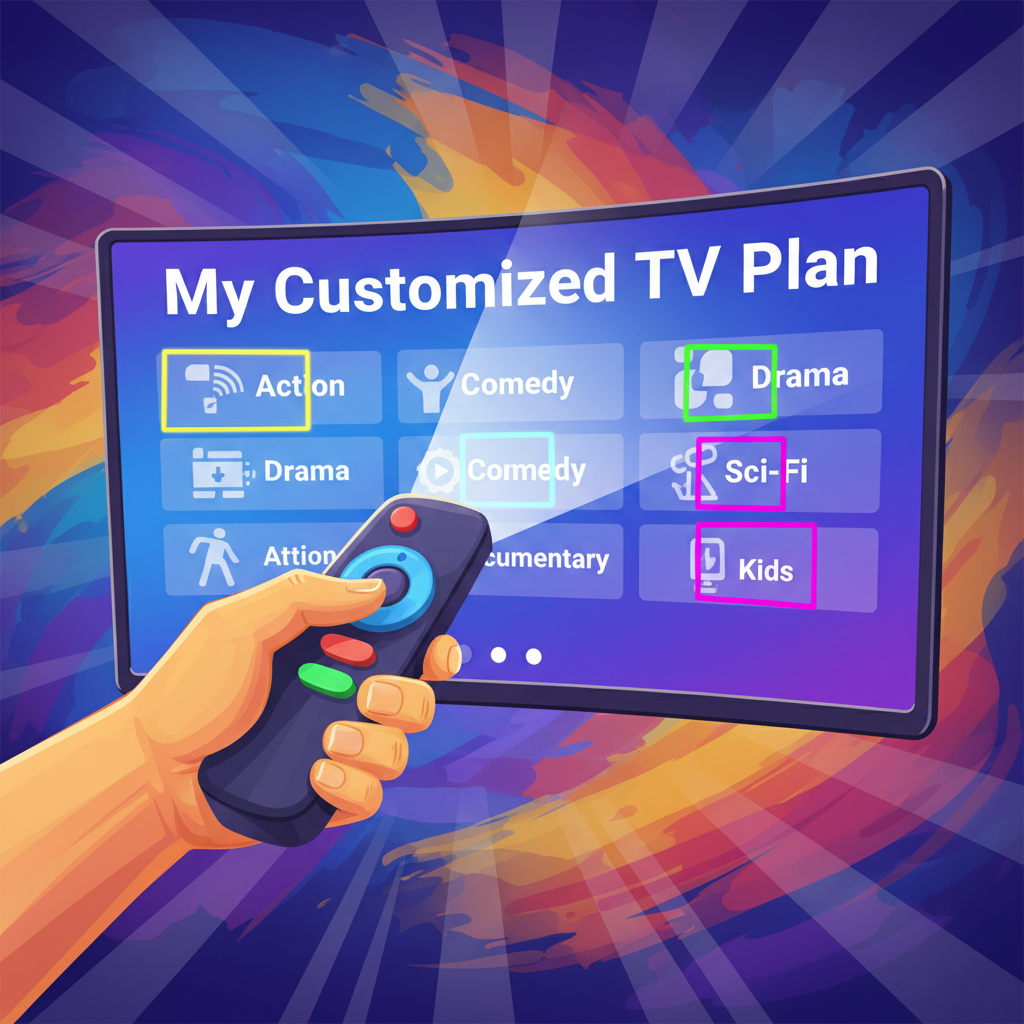 A vibrant illustration of a remote control in a hand, pointing towards a large screen displaying "My Customized TV Plan" with various genre selections highlighted, symbolizing user control. Artistic rendering, colored background, no text.
