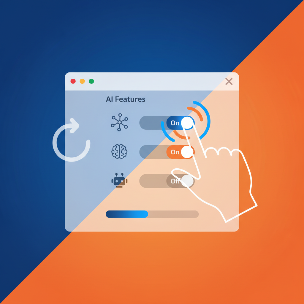A user interactively toggling AI features on and off within a Firefox browser setting, illustrating a clear choice mechanism, clean infographic, modern layout, high contrast, colored background, no visible text, 1:1 aspect ratio