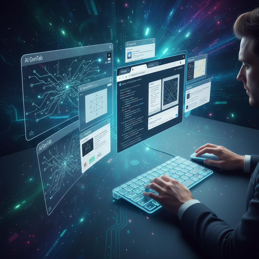 Visualization of a user collaborating with an AI GenTab and regular web tabs simultaneously to explore information and build a custom web app, dynamic composition, textured background, no text