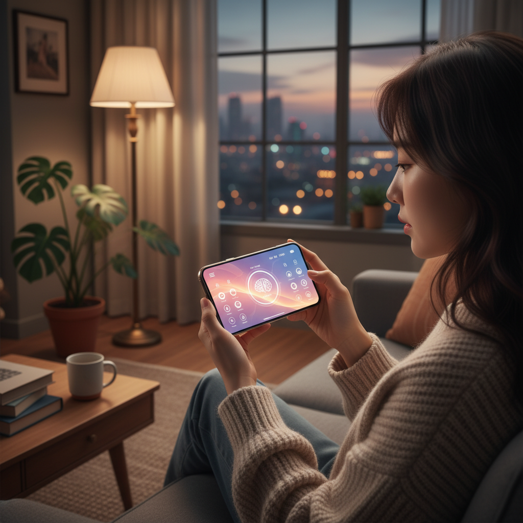 A user interacting with an AI music assistant on a smartphone, displaying a personalized playlist interface. The scene is set in a cozy living room with warm lighting, a subtle colored background, Korean appearance, no text.