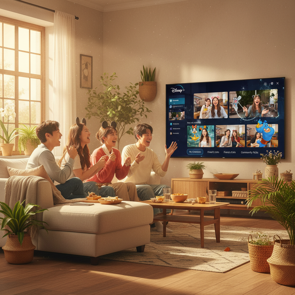 A vibrant scene showing a diverse group of young Korean adults on a couch, enthusiastically interacting with a smart TV displaying a Disney Plus interface with user-generated content. Lifestyle photography, warm lighting, natural setting, no text.
