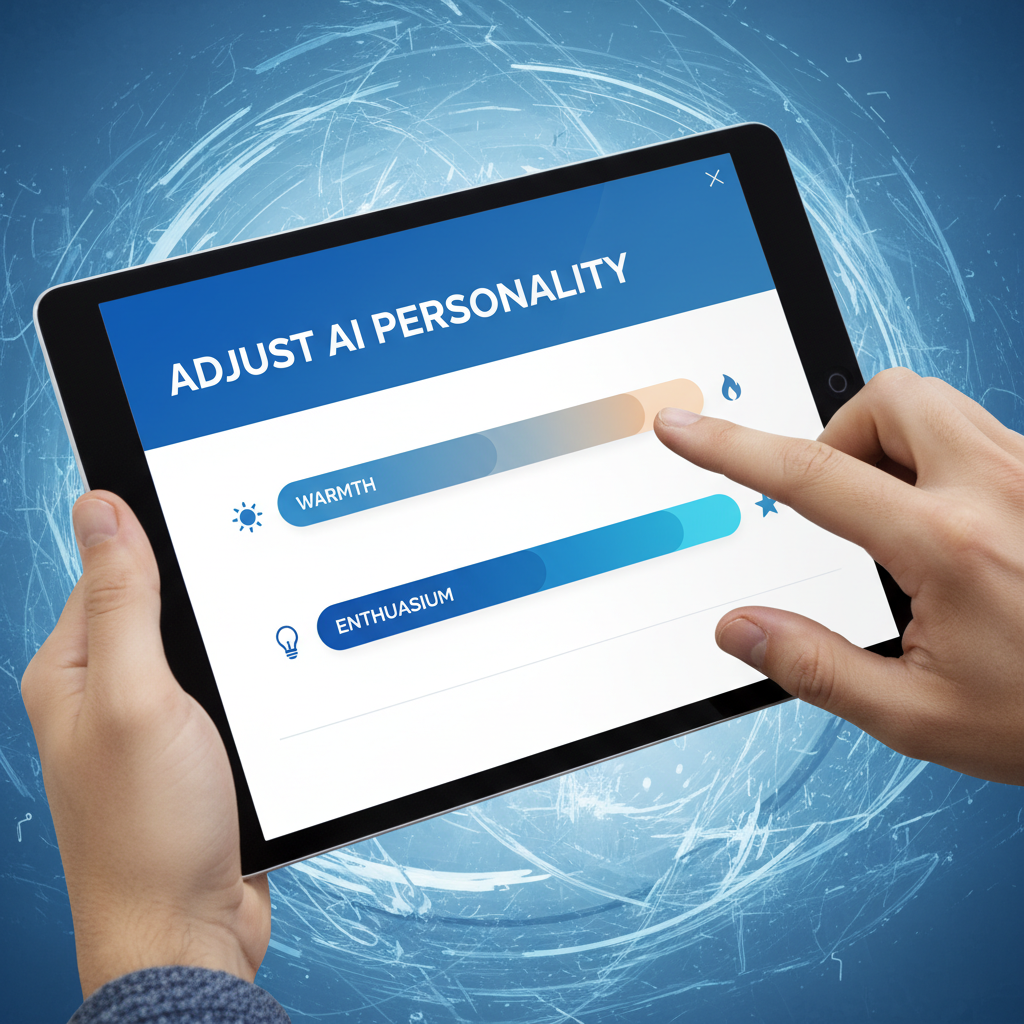 A user's hands interacting with a ChatGPT app on a tablet, showing a personalization settings menu with sliders for warmth and enthusiasm, clean infographic style, modern layout, high contrast, blue and white color scheme, textured background, no visible text