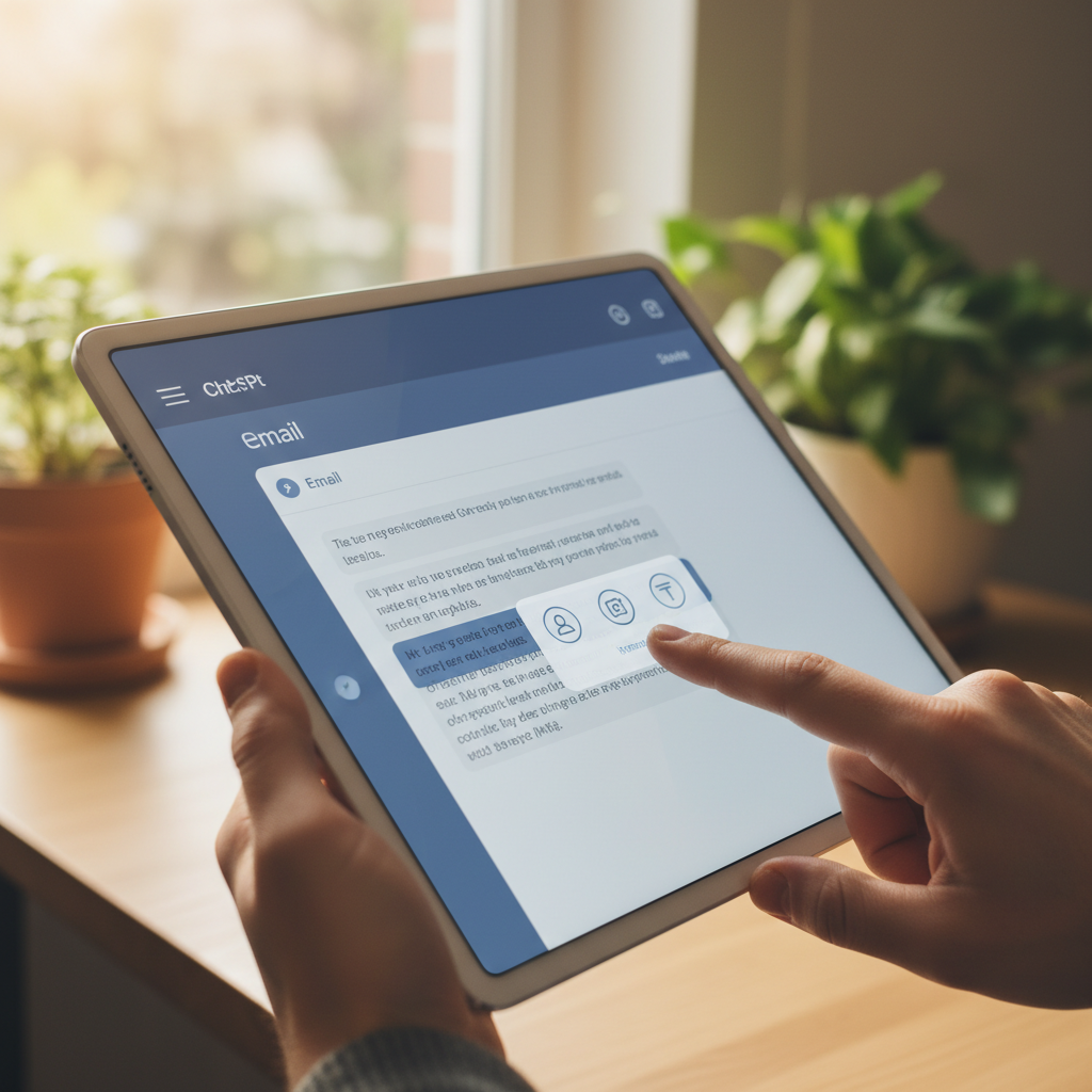 A close-up of a tablet screen showing a ChatGPT interface where an email draft is displayed. A user's finger is highlighting a section of text, and a small pop-up window suggests editing options. Lifestyle photography, modern and clean UI, warm lighting, natural setting, no visible text