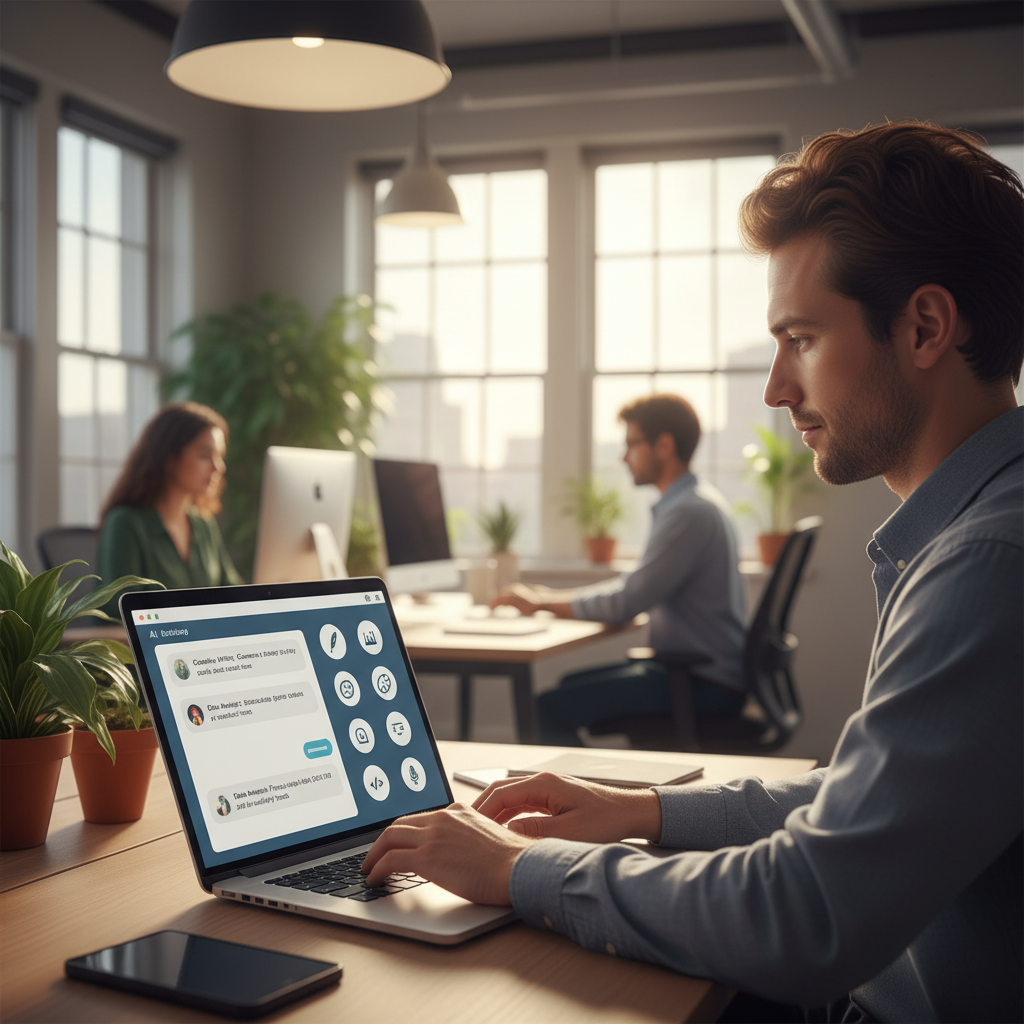 A person efficiently working on a laptop with a chatbot interface open, showing a range of tasks from creative writing to data analysis, modern office environment, warm and professional lighting, no text
