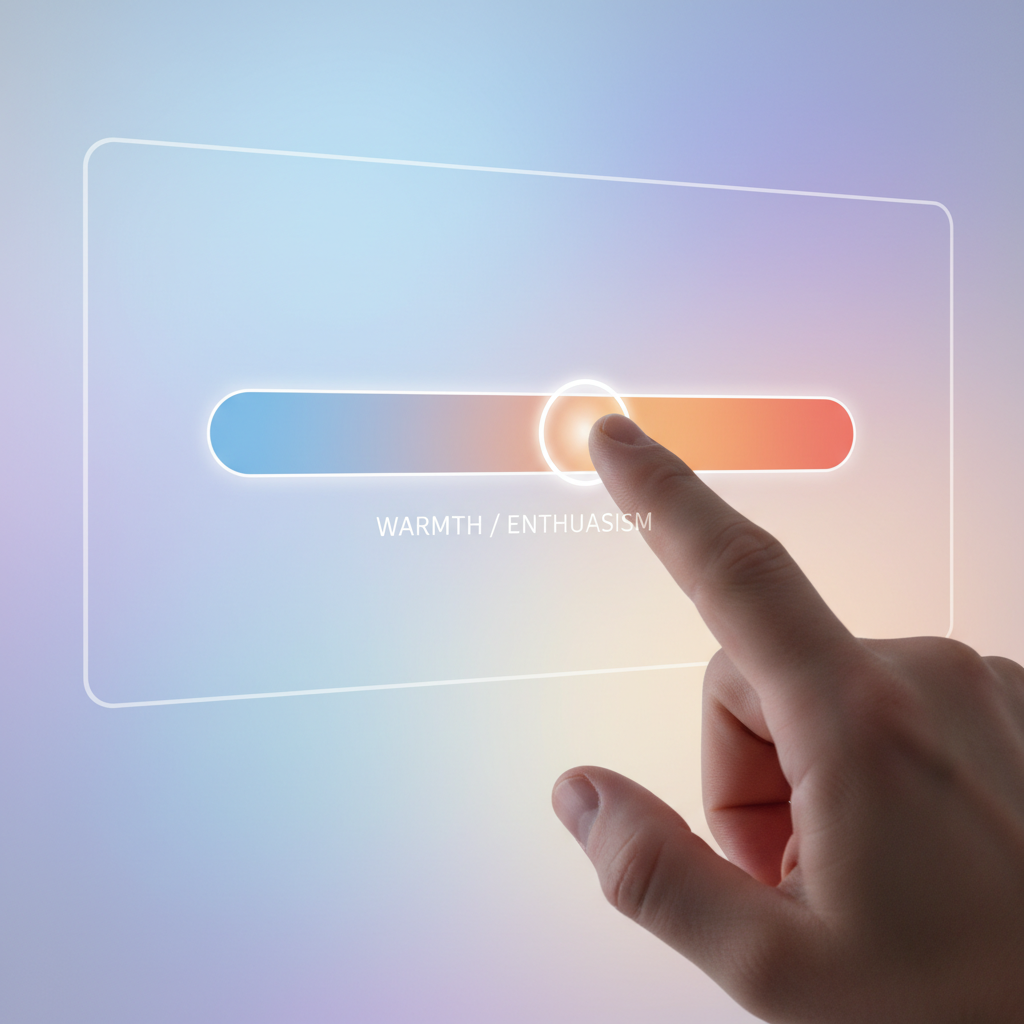 A hand interacting with a digital slider on a screen, adjusting a 'warmth' or 'enthusiasm' setting for a chatbot, modern interface, soft gradient background, no text