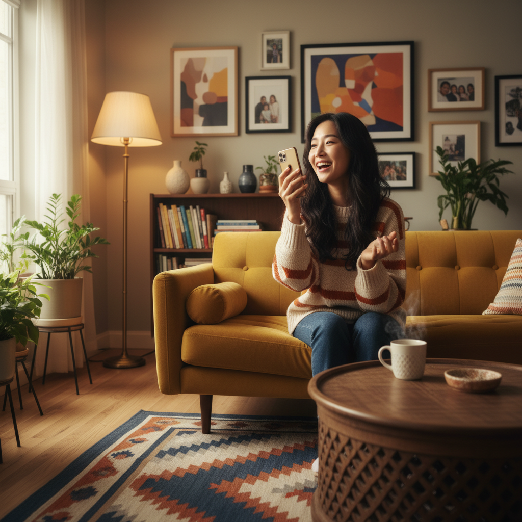 A Korean woman having a lively, natural conversation with her iPhone, a vibrant and warm home living room setting, soft ambient lighting, no text