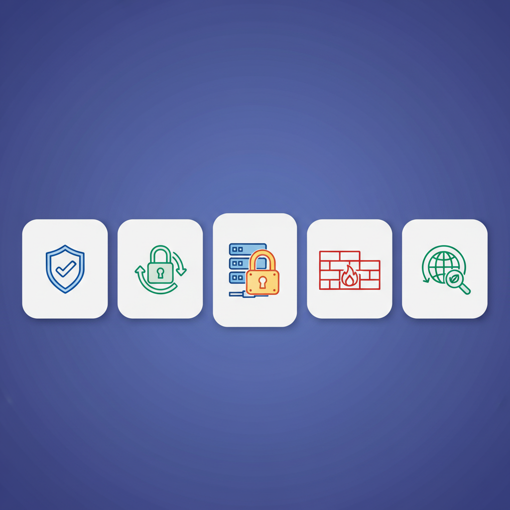 An infographic style image showing various cybersecurity measures: a shield icon, a strong password lock, a padlock on a server, a firewall icon, and a safe browsing symbol. All elements are clearly separated and easy to understand. Style: clean infographic, modern layout, high contrast. No visible text. Colored background, centered focus.