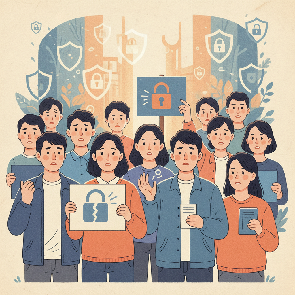 Illustration of various people protesting or expressing concern about smartphone privacy. Digital privacy icons (lock, shield) are subtly integrated into the background. Style: modern illustration with soft, warm lighting and a textured background. No visible text. Korean appearance people.