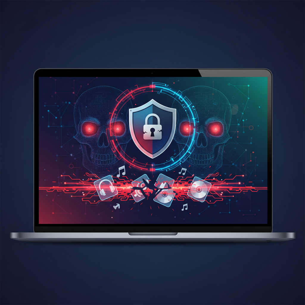 A laptop screen displaying a warning about cyber security threats, with music files being hacked, dark tones, digital art, clean infographic, modern layout, high contrast, colored background, no text, 4:3 aspect ratio