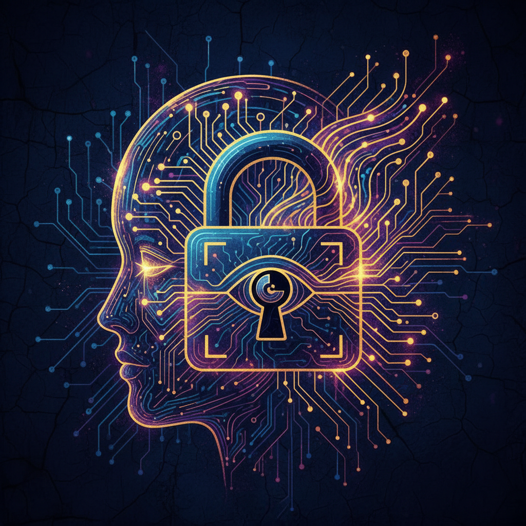 A stylized infographic depicting a padlock integrated with abstract facial recognition patterns, symbolizing privacy concerns and data security, high contrast, textured background, no text