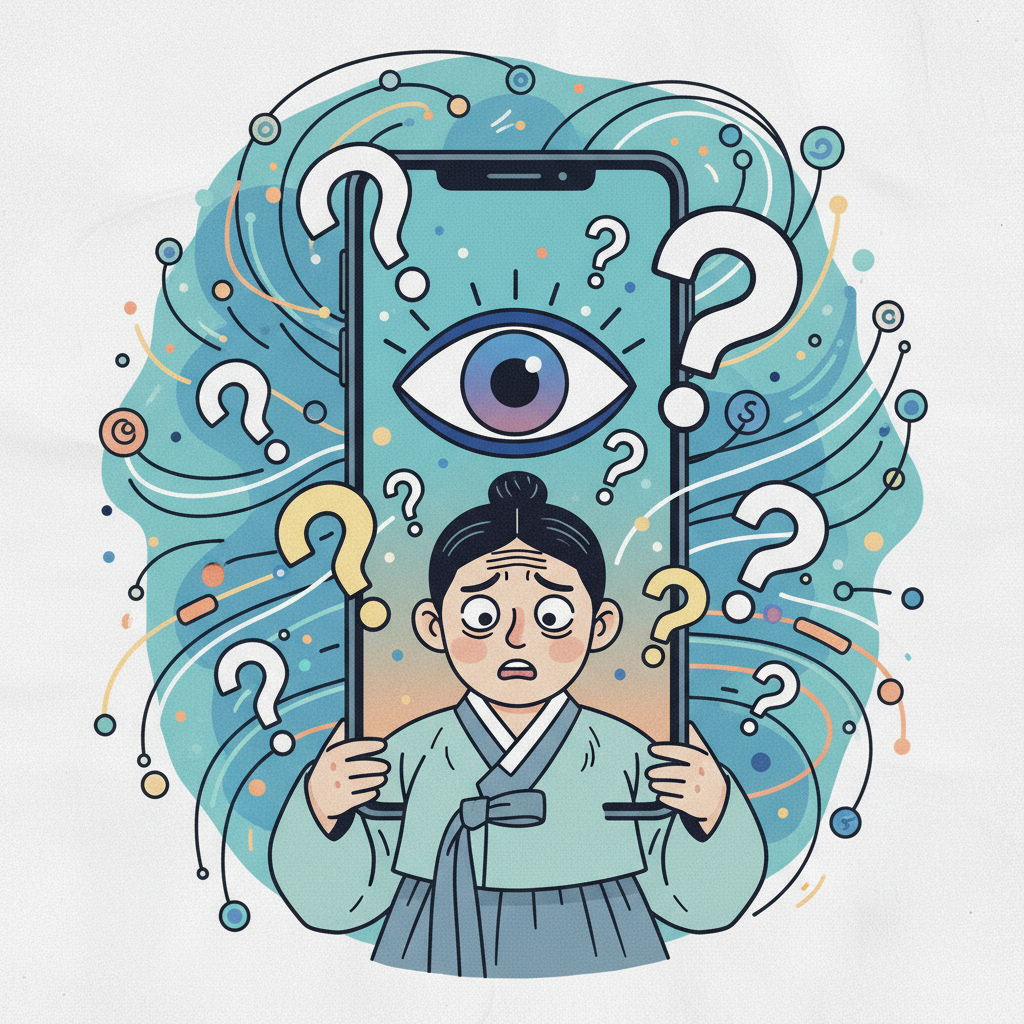 A stylized illustration depicting a smartphone screen with an eye icon, surrounded by question marks and a worried Korean user. The background is a gradient representing uncertainty and data flow. Style: illustration, artistic rendering, textured background, bright and balanced lighting. No text.