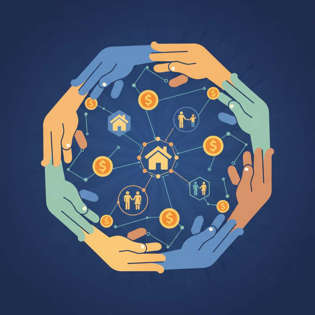 A clean infographic showing hands collaborating to build a strong social safety net, with elements of shared wealth and collective ownership, clean infographic, high contrast, colored background, no text