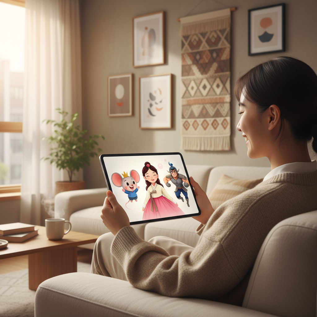 A creative lifestyle photography scene of a person happily using a tablet, with whimsical Disney-like characters (e.g., a mouse, a princess, a superhero with Korean appearance) appearing on the screen as if generated by AI. Warm lighting, a cozy, modern Korean setting with a textured background, natural expression, no text, centered focus, no empty margins, bright, balanced lighting.