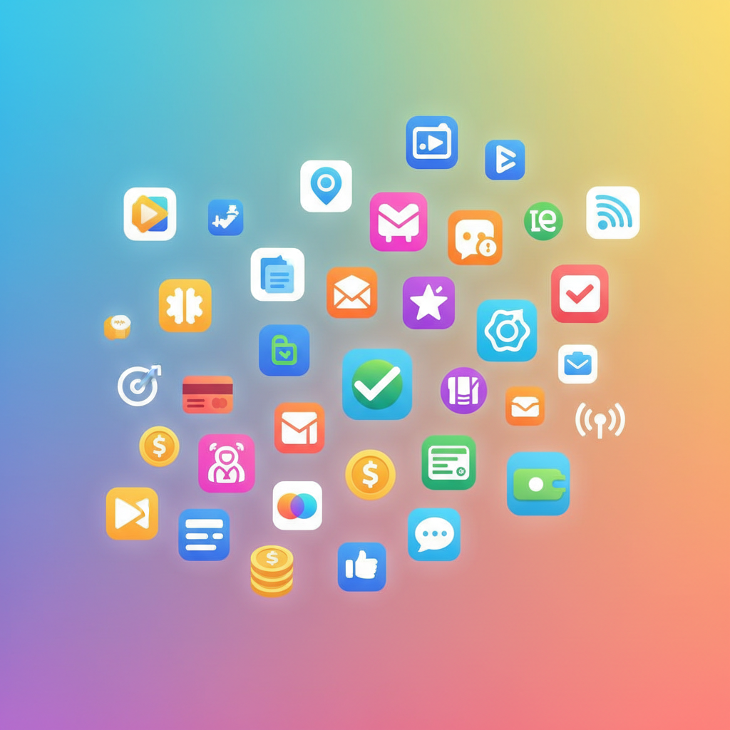 A vibrant app store ecosystem with various payment options flourishing, diverse icons, bright, balanced lighting, colored background, no text