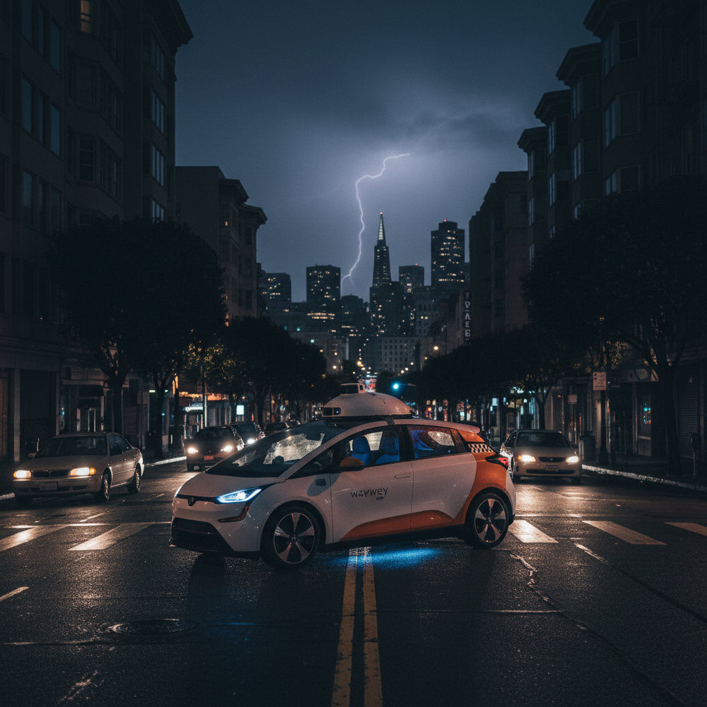 A futuristic Waymo robotaxi stalled on a dark city street during a widespread power outage in San Francisco, human drivers navigating around it cautiously, subtle emergency lights, dramatic urban night scene, no visible text, 4:3 aspect ratio, cinematic lighting, detailed background