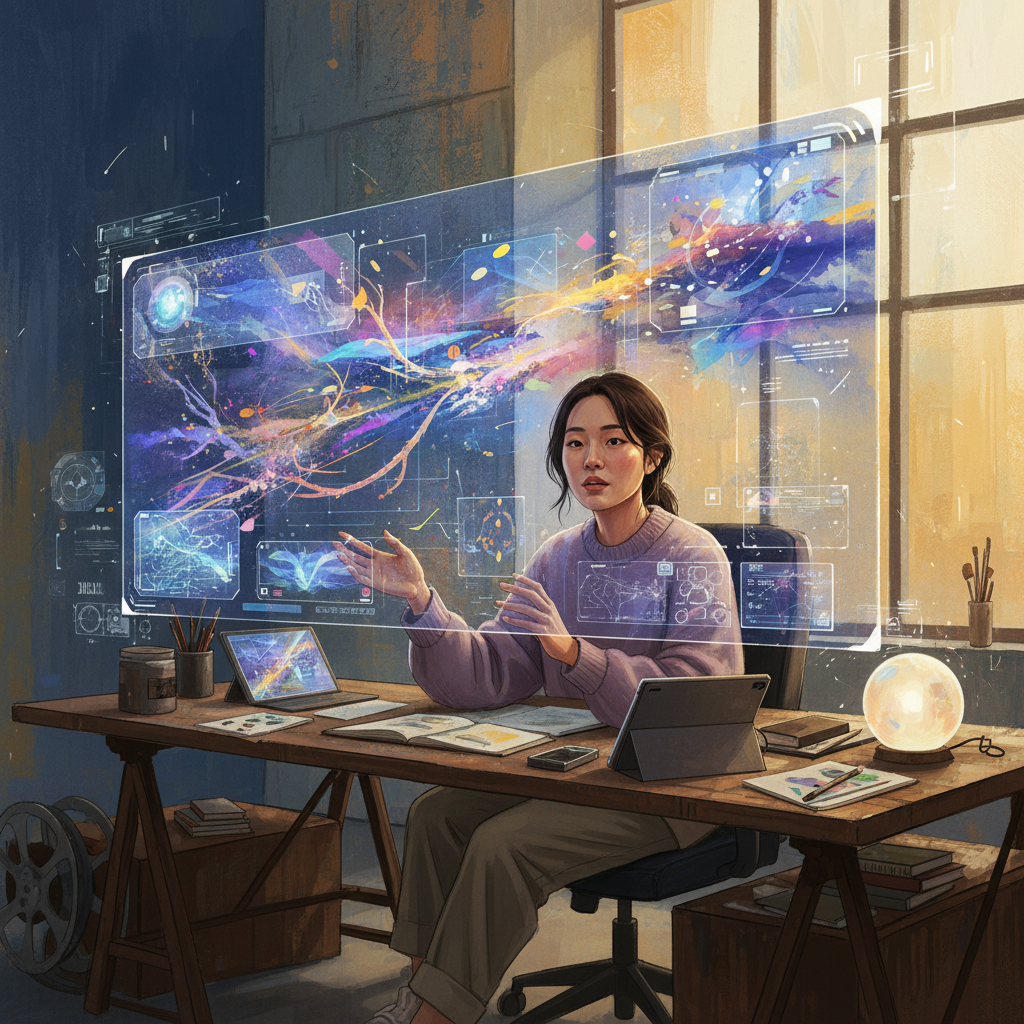 Illustration, artistic rendering, textured background. A creative workspace where a filmmaker (Korean appearance, natural expression) is interacting with a screen displaying AI-generated visual content, merging artistic vision with technology. Bright, balanced lighting, colored background. No visible text.