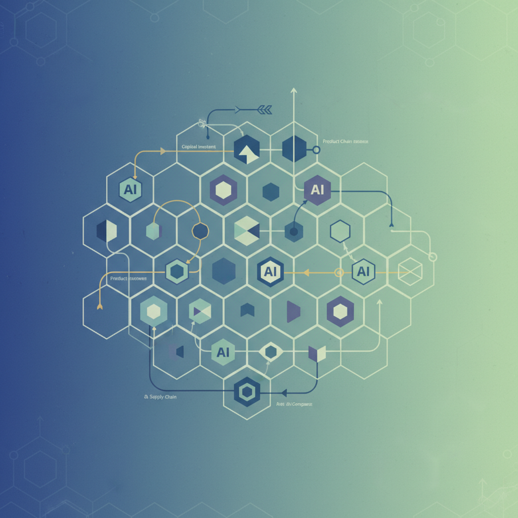 A modern infographic illustrating interconnected AI companies with subtle arrows indicating investment and supply chains, clean layout, textured gradient background, no text