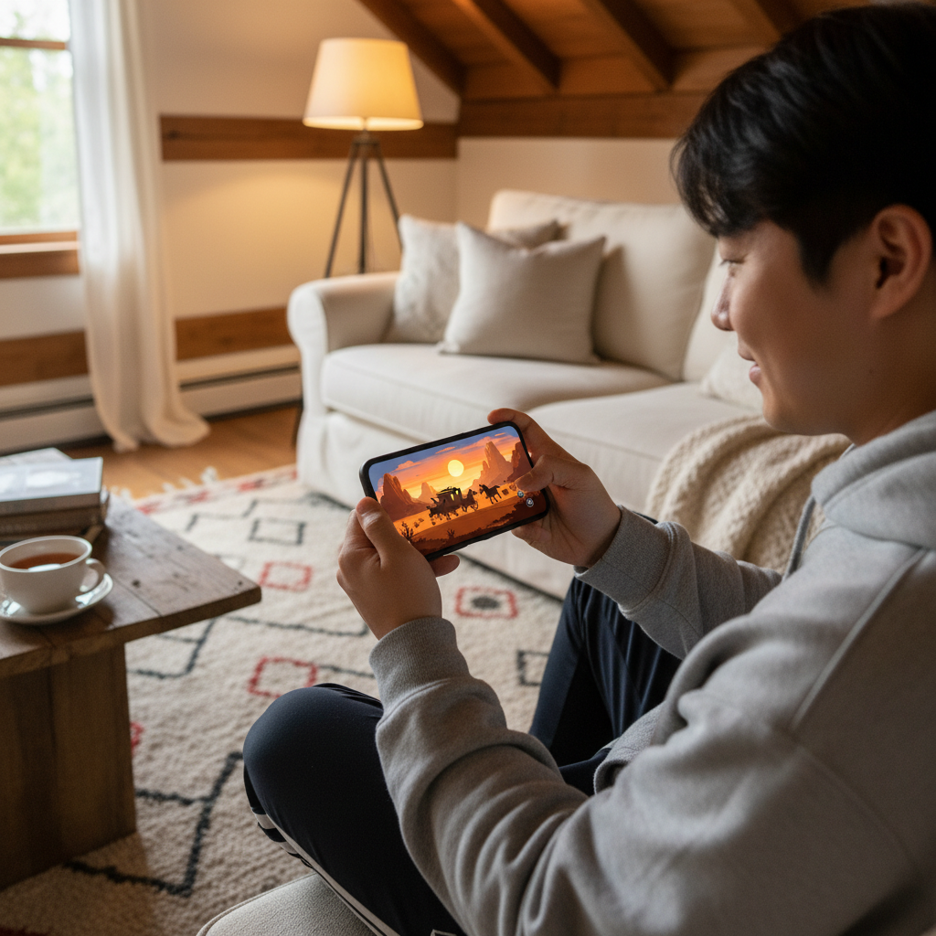 A Korean person playing a mobile game with a Western-themed landscape visible on the smartphone screen. The setting is a cozy living room with warm lighting. The phone displays a vibrant, detailed game scene with cowboys and horses. Style: lifestyle photography, natural setting. No visible text on the screen or in the image.