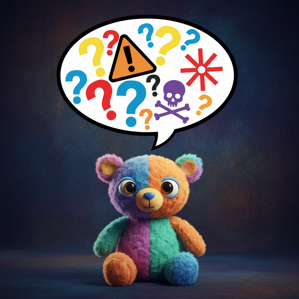 An illustrative scene depicting a child's toy with a speech bubble containing confusing or dangerous symbols like question marks and warning signs, bright and balanced lighting, a dark textured background, no visible text in the image, artistic rendering.