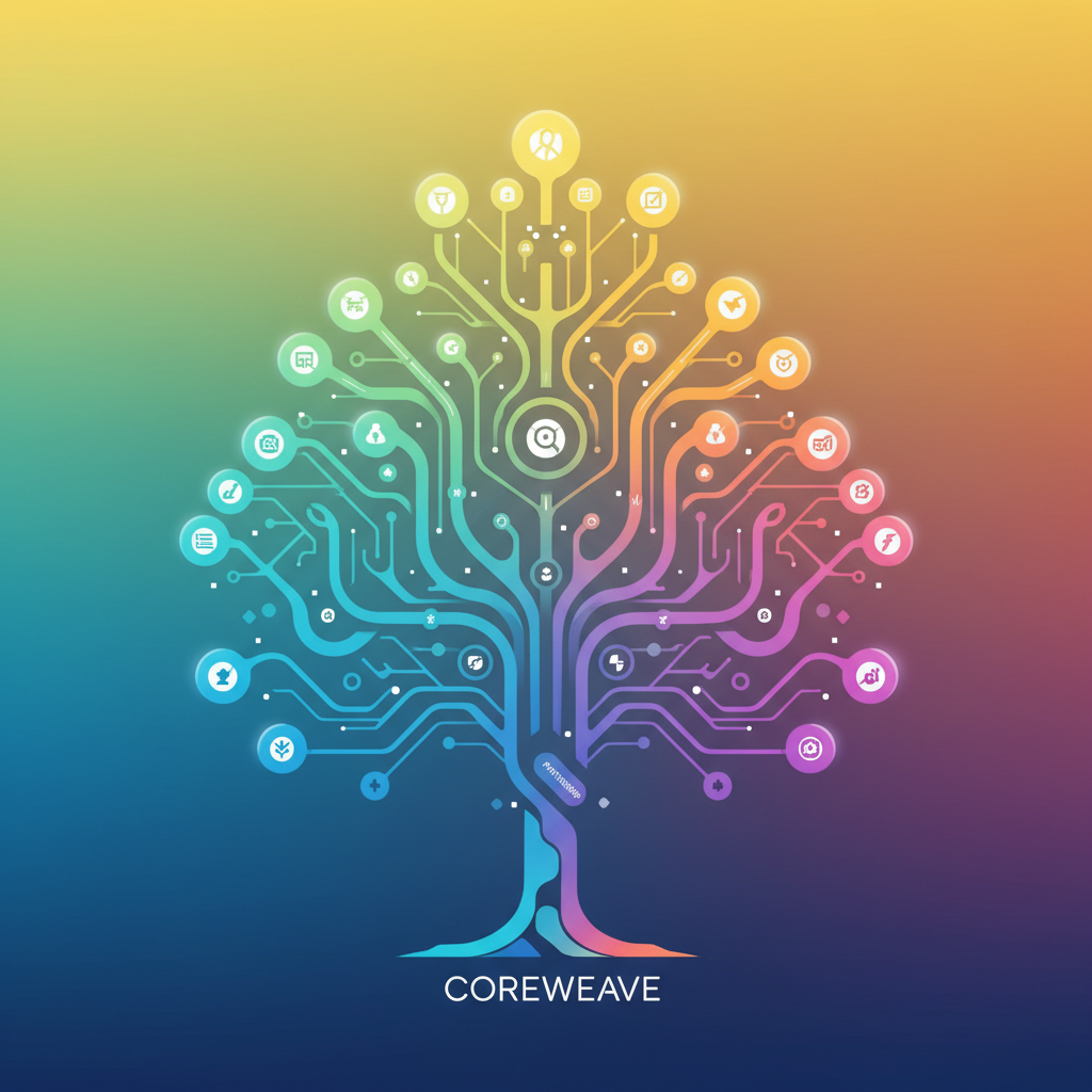 A dynamic infographic showing a growing tree or branching network, with each branch representing an acquisition or partnership of Coreweave, symbolizing growth and expansion, modern design, colorful background, no text