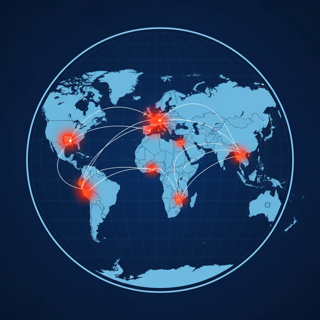 A stylized world map highlighting major global AI chip production hubs and areas of high demand, clean infographic, modern layout, high contrast, no text