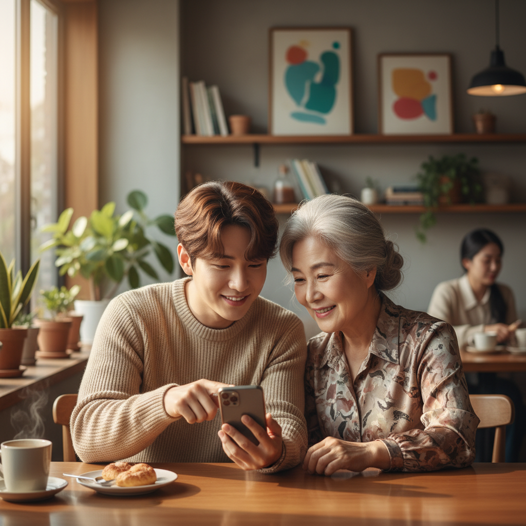 A lifestyle photography scene of a younger Korean adult patiently and kindly explaining something on a smartphone to an elderly Korean person, both are smiling gently, warm lighting, cozy cafe or home background, natural setting, centered focus, visually rich, no empty margins, no text.
