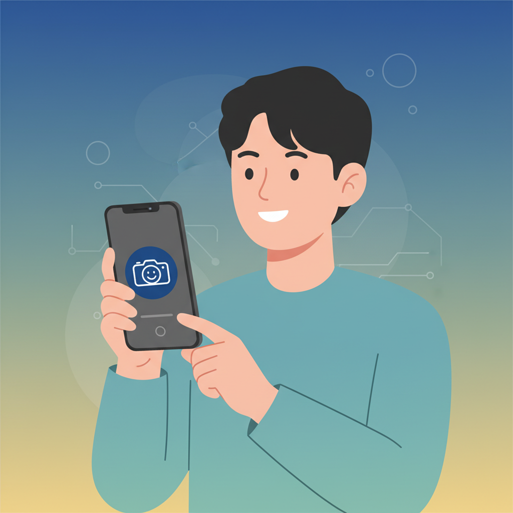 clean infographic, modern layout, high contrast. A Korean user is holding a smartphone, with a clear, friendly icon representing a camera and a face for selfie video verification. The background is a soft, professional gradient, emphasizing security and ease of use. No text, minimal UI.