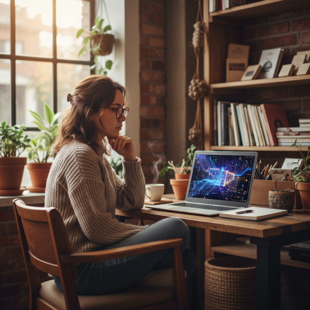 A Korean small business owner sitting at a desk, looking thoughtful while interacting with a laptop that displays abstract AI-related graphics. The setting is a cozy, independent shop with warm, natural lighting and a textured background. No text, focus on contemplation and strategy.