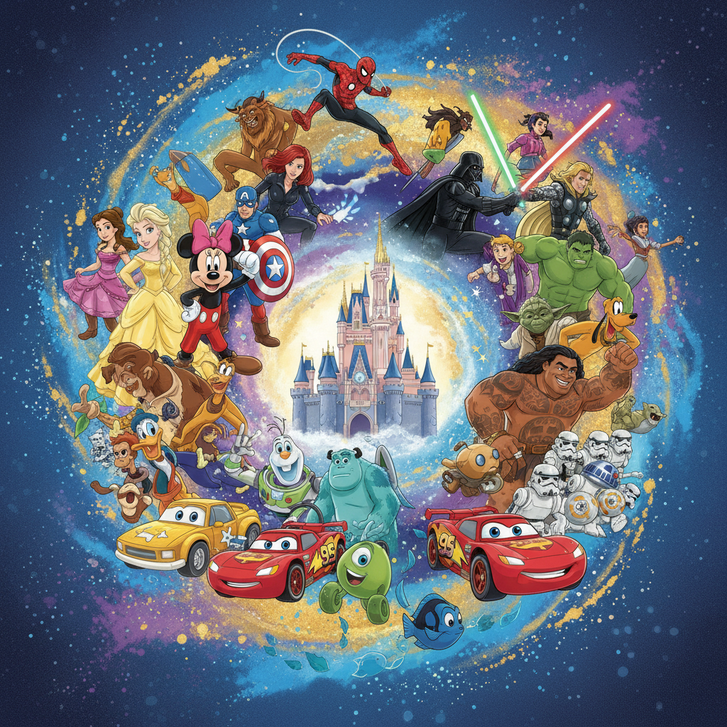 A dynamic collage featuring beloved characters from Disney, Marvel, Pixar, and Star Wars, bright and balanced lighting, illustration style, textured background with subtle magic dust, no text