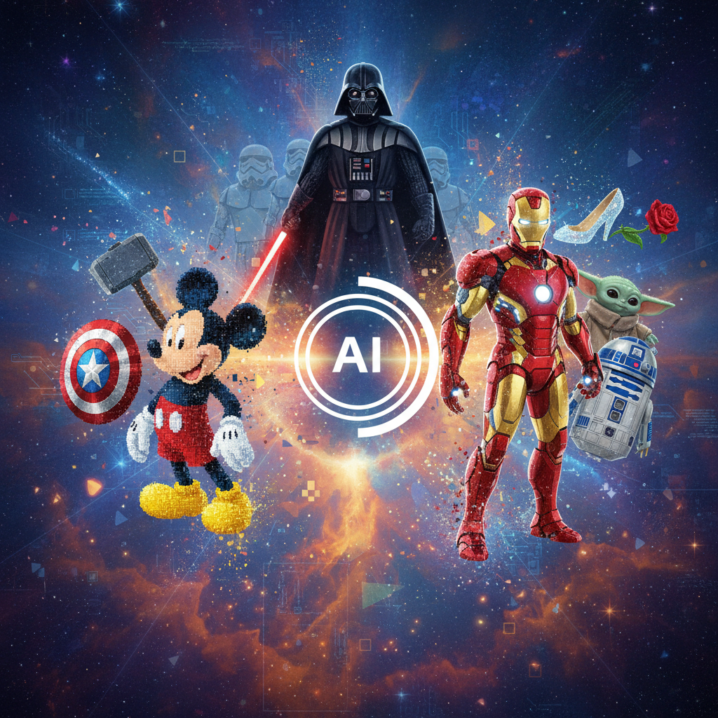 A vibrant digital art illustration depicting various Disney, Marvel, and Star Wars characters (e.g., Mickey Mouse, Darth Vader, Iron Man) being generated dynamically within an AI video interface. Artistic rendering, textured background, bright lighting, no text.
