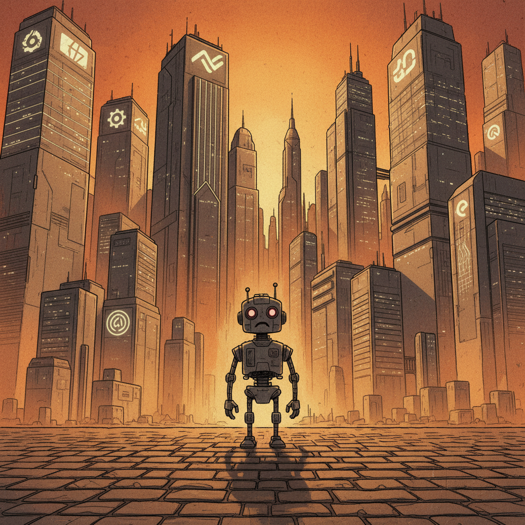 A thought-provoking illustration of a struggling consumer AI startup, represented by a small, hesitant robot amidst a vast, competitive cityscape of larger, established tech companies. Warm, slightly anxious lighting, textured background, no text, 4:3 aspect ratio, centered focus