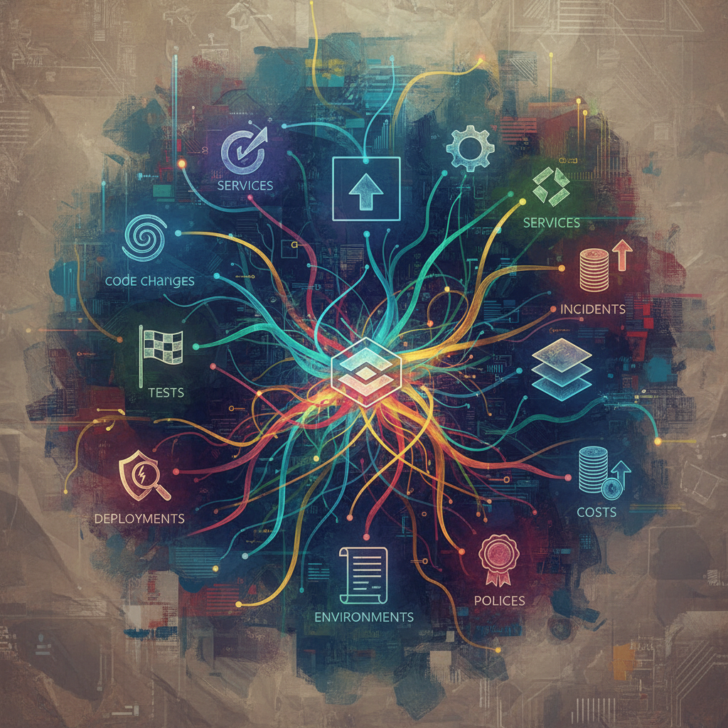 illustration, artistic rendering, textured background, depicting a sophisticated software delivery knowledge graph with interconnected nodes representing code changes, services, deployments, tests, environments, incidents, policies, and costs, visually rich, no text