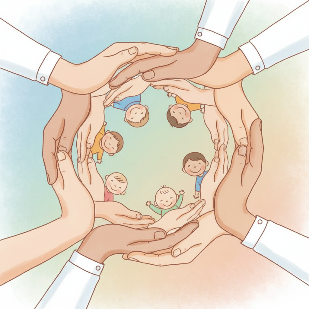 An illustration of a diverse network of human hands offering support and care to children, symbolizing community, professional help, and family solidarity. The hands are gently intertwined, creating a protective and nurturing image, with a soft, gradient background in muted, hopeful colors. No text. Aspect Ratio: 1:1