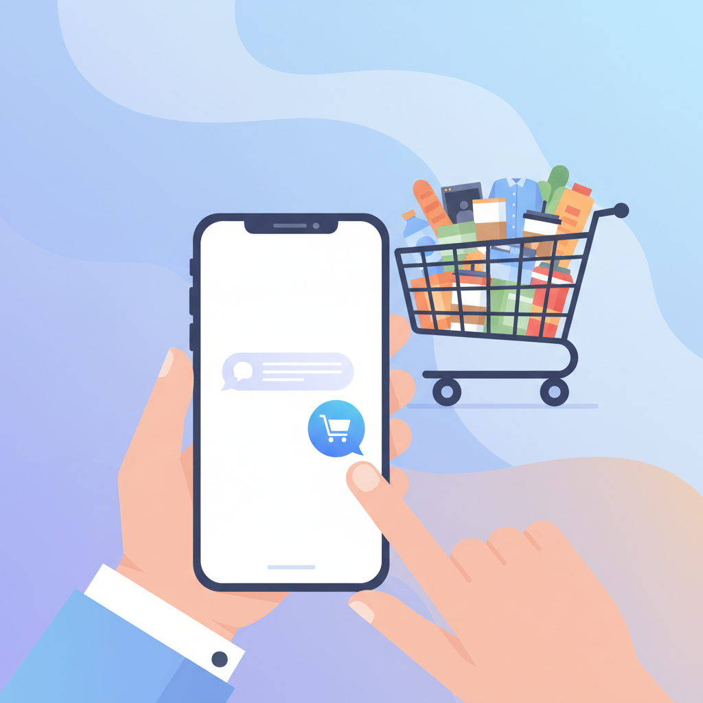 A modern, clean infographic showing a person interacting with an AI chatbot on a smartphone, with a shopping cart in the background filled with various items. The chatbot interface is minimalistic, with chat bubbles. Bright, balanced lighting, gradient background, centered focus, no text, Korean appearance.