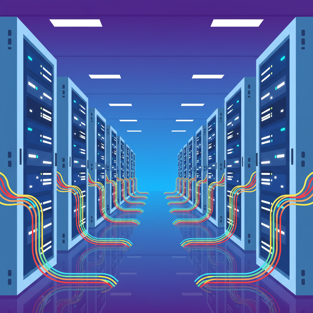 Inside a data center with rows of server racks and intricate cabling, bright balanced lighting, clean infographic style, colored background, no text