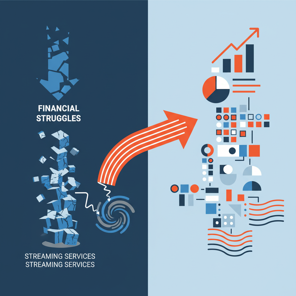 A dynamic infographic illustrating the financial struggles of streaming services and the strategic shift towards more diverse advertising models, using abstract shapes and clean lines, high contrast, no text. Aspect Ratio: 1:1
