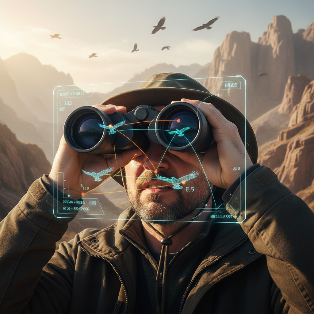 A researcher looking through binoculars with a slightly frustrated expression, birds are in the distance, a digital overlay of an AI bird tracking interface in the foreground, showing real-time data, clean infographic, modern layout, high contrast, textured background, no text.