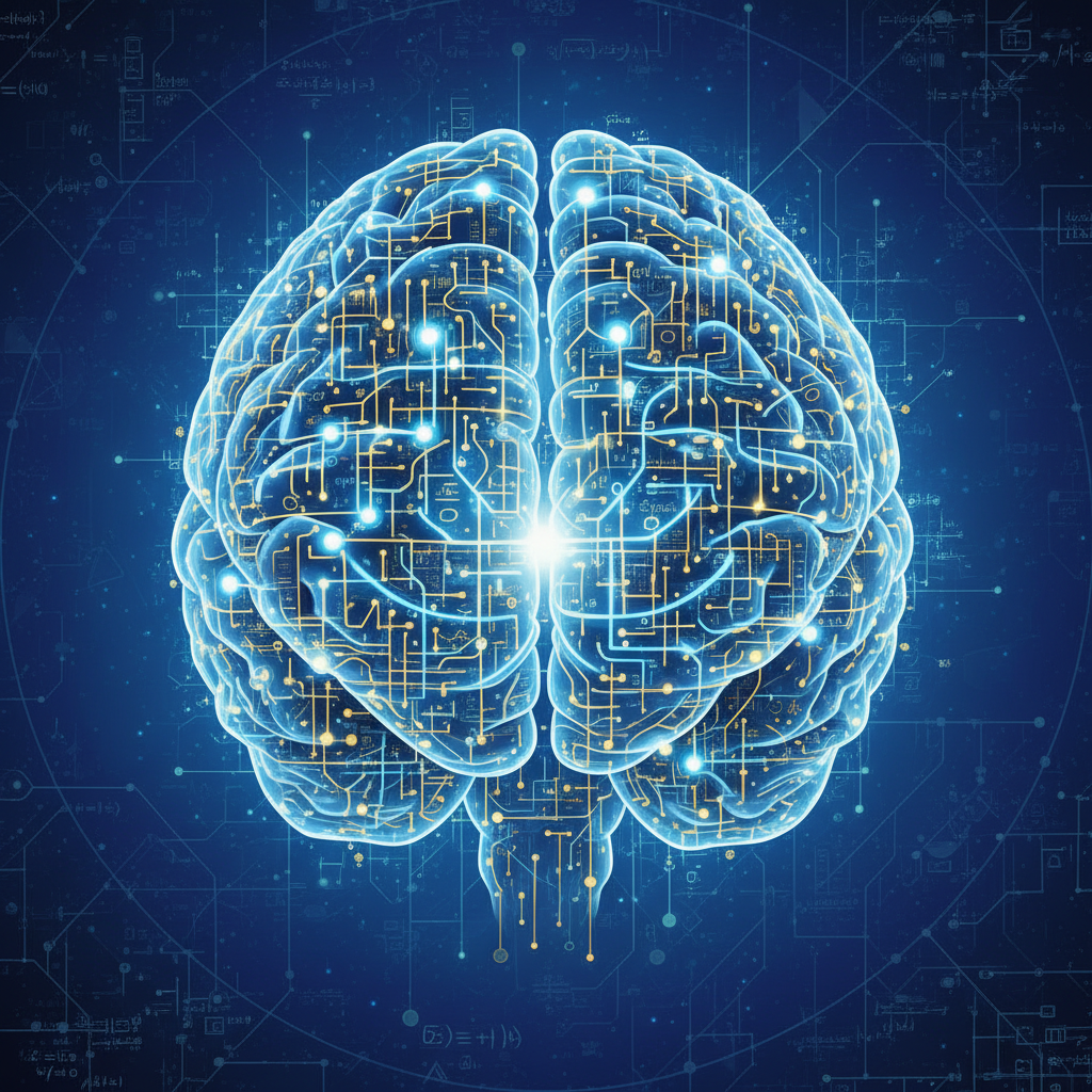 A stylized illustration of a human brain with interconnected circuits and glowing nodes, symbolizing advanced mathematical reasoning and logical processing. The background is a textured, deep blue gradient. No text.
