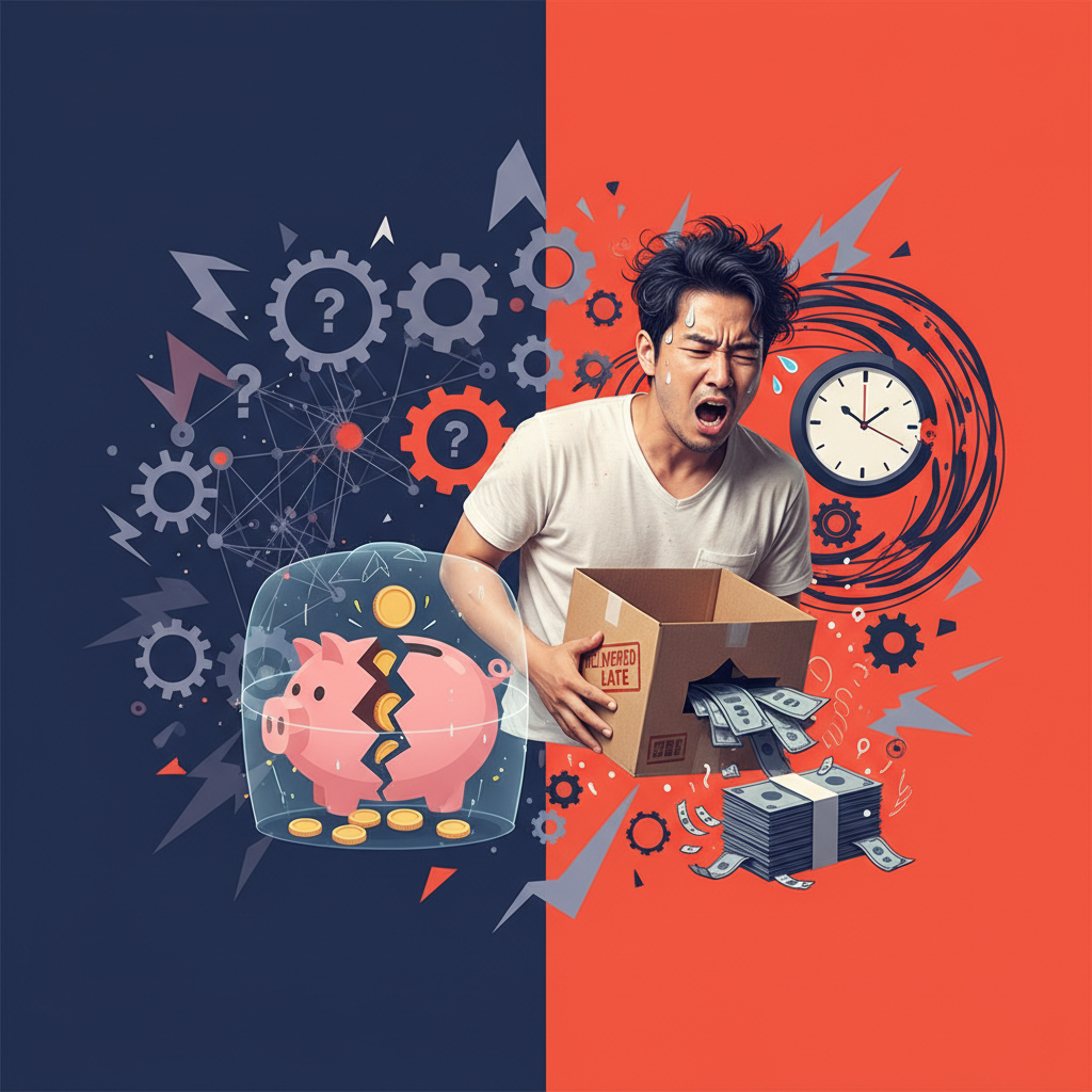 Infographic showing hidden fees and a frustrated Korean customer receiving a late delivery, modern layout, high contrast, colored background, no text, 1:1 aspect ratio