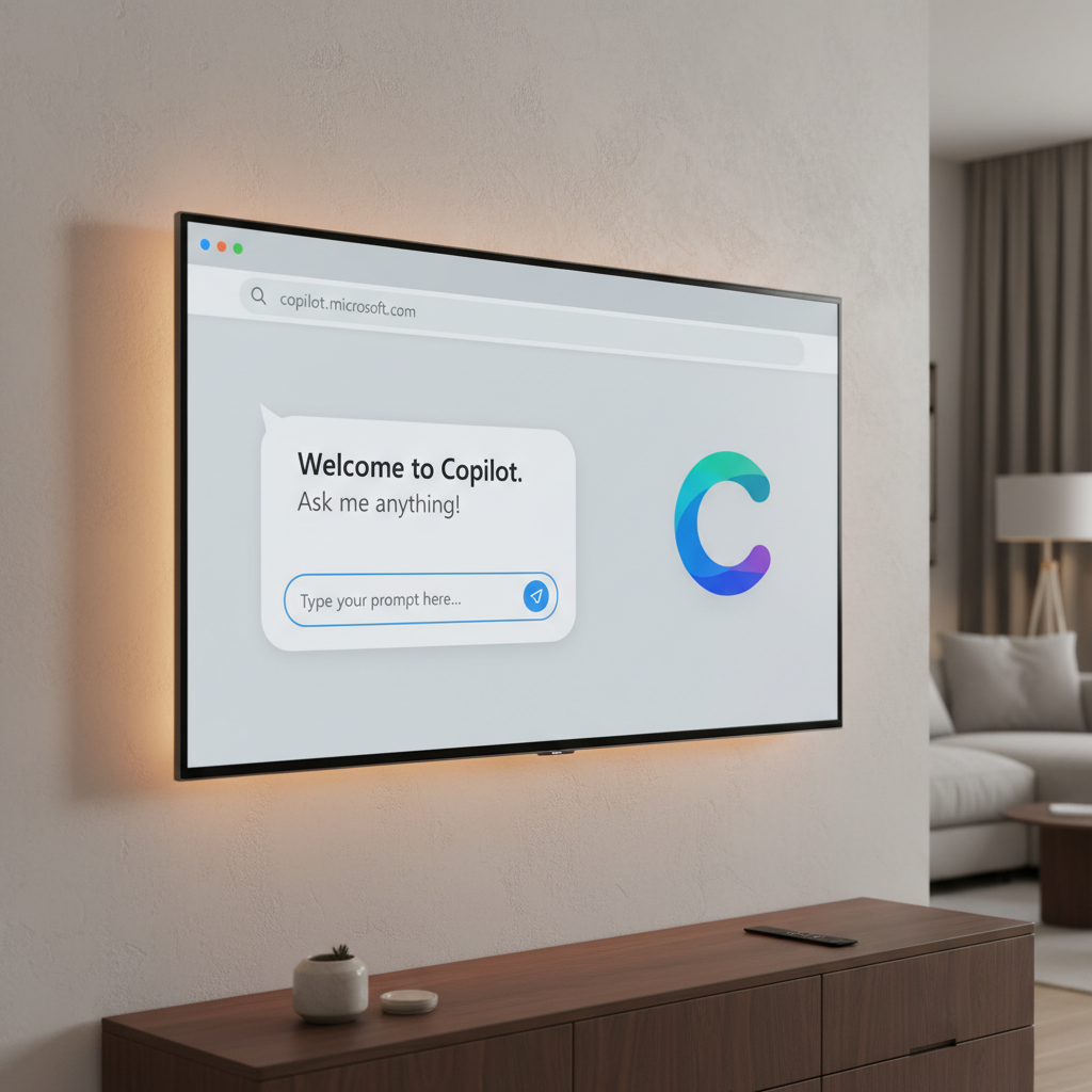 A smart TV screen displaying a web browser interface with the Microsoft Copilot page open. The UI elements are minimal and in English, focusing on the conversational AI. The TV is in a modern home setting with soft, ambient lighting and a subtly textured background. Aspect Ratio 4:3, no text.