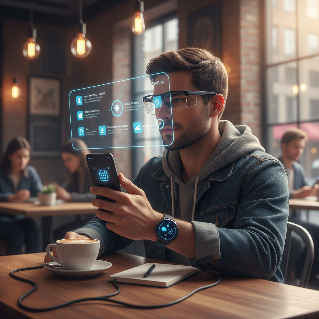 A user wearing smart glasses, seamlessly checking notifications and information across their smartphone, smartwatch, and the glasses' display, urban café setting, warm ambient light, multi-device integration, no text